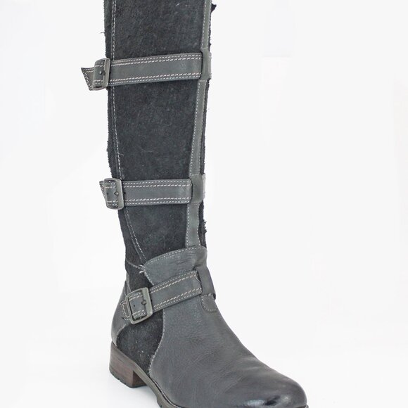 Ariat ‘Highland’ Black Suede and Leather Knee High Buckle Moto Boots - Picture 2 of 7
